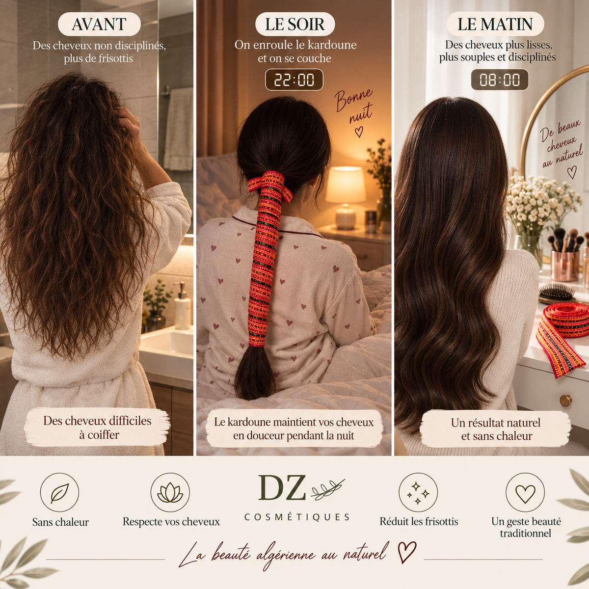 Femme utilisant un Kardoune algérien la nuit pour envelopper ses cheveux sans chaleur, avec résultat le matin : cheveux plus lisses, brillants et disciplinés.