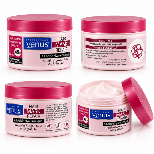 Masque capillaire Venus Repair à l’acide hyaluronique, sans paraben, présenté sous plusieurs angles sur fond blanc.