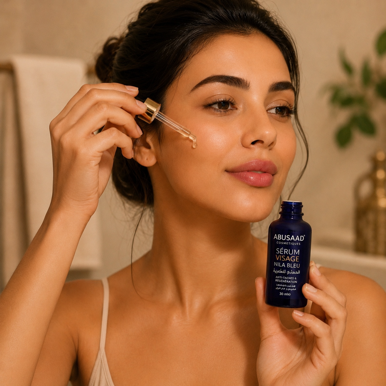 Application du sérum visage Nila Bleu Abusaad inspirée des rituels de beauté orientaux.