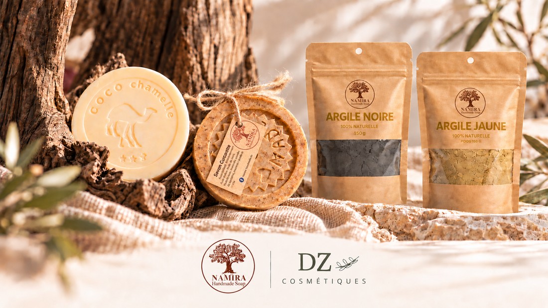 Montage des savons Coco Chamelle et Curcarotte et des argiles noire et jaune de Namira Handmade Soap, avec les logos Namira et DZ Cosmétiques.