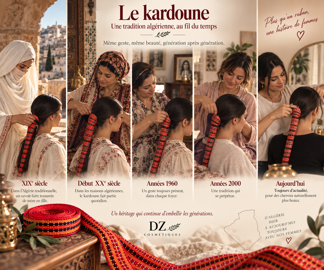 Chronologie du kardoune algérien du XIXe siècle à aujourd’hui, tradition capillaire de lissage sans chaleur transmise entre générations.