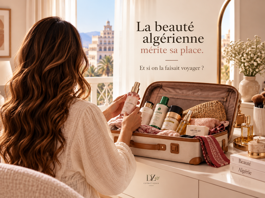 Femme préparant une valise remplie de cosmétiques algériens, illustrant la beauté algérienne et son voyage au-delà des frontières.