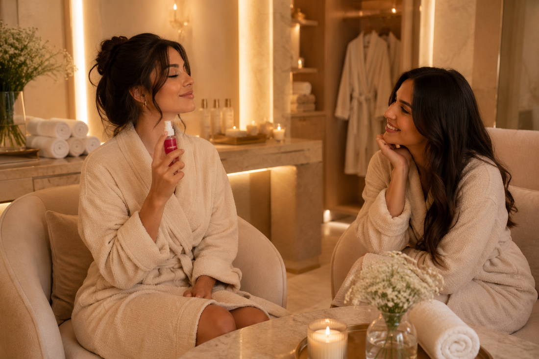 Meriem et Lyna dans une salle de repos de spa, l’une vaporisant une brume parfumée pendant que son amie sourit.