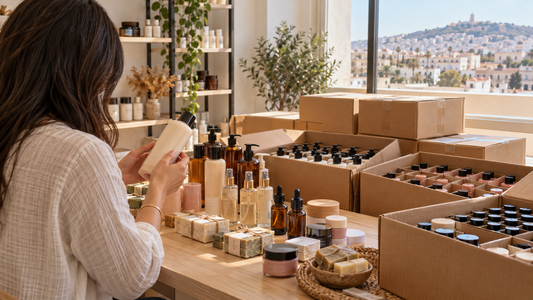 Illustration d’une femme de dos examinant un cosmétique devant une sélection de soins et plusieurs cartons de réassort, dans un espace lumineux en Algérie.