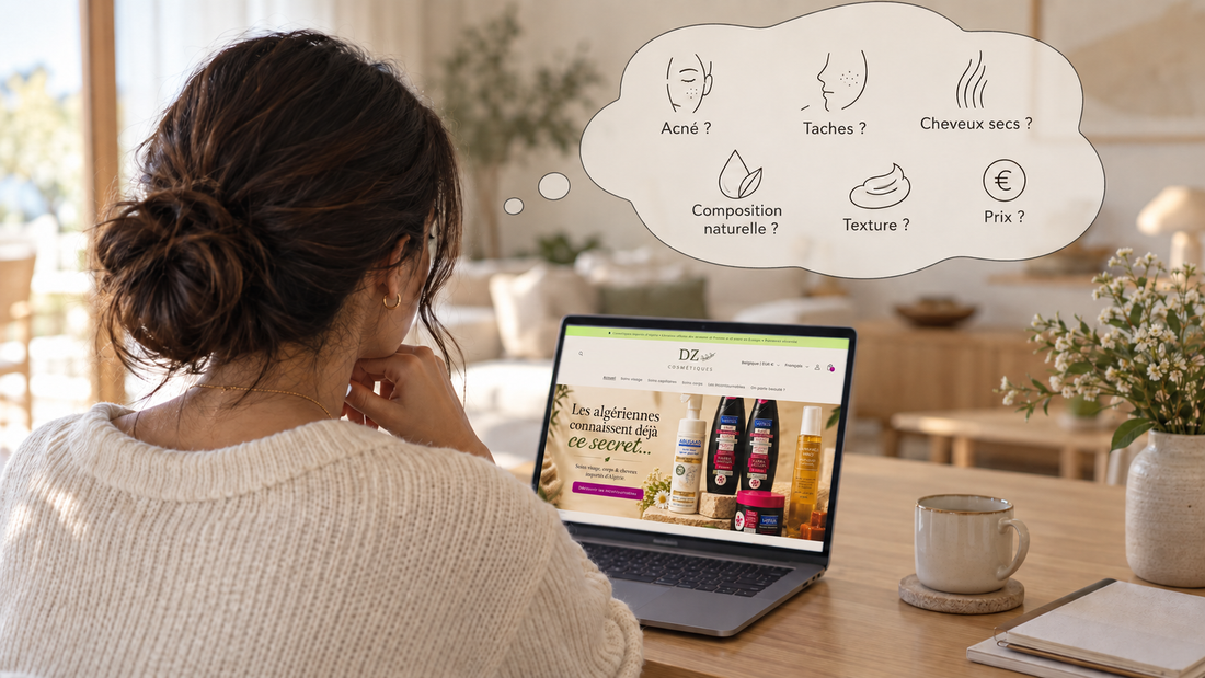 Femme de dos consultant le site Dz Cosmétiques sur son ordinateur, avec une bulle illustrant ses critères de choix : besoins de la peau et des cheveux, composition, texture et prix.