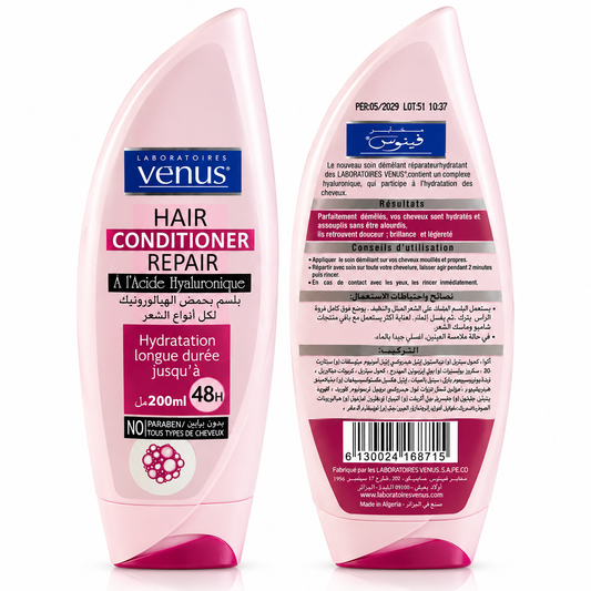 Après-shampoing réparateur Venus à l’acide hyaluronique 200 ml, vues avant et arrière sur fond blanc, hydratation jusqu’à 48h et sans paraben.