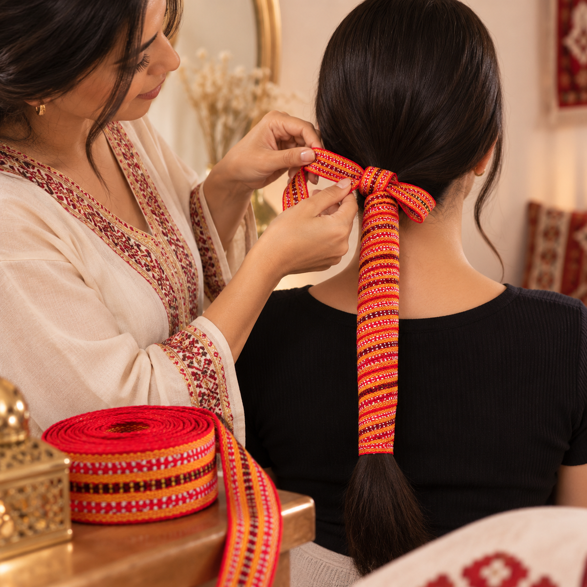 Femme appliquant un kardoune algérien artisanal autour des cheveux pour les lisser naturellement sans chaleur.