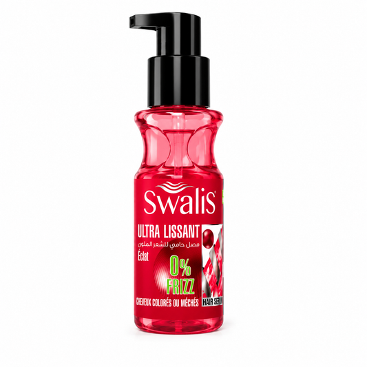 Sérum capillaire Swalis Ultra Lissant Éclat 0% Frizz 90 ml pour cheveux colorés ou méchés, présenté en packshot sur fond blanc.