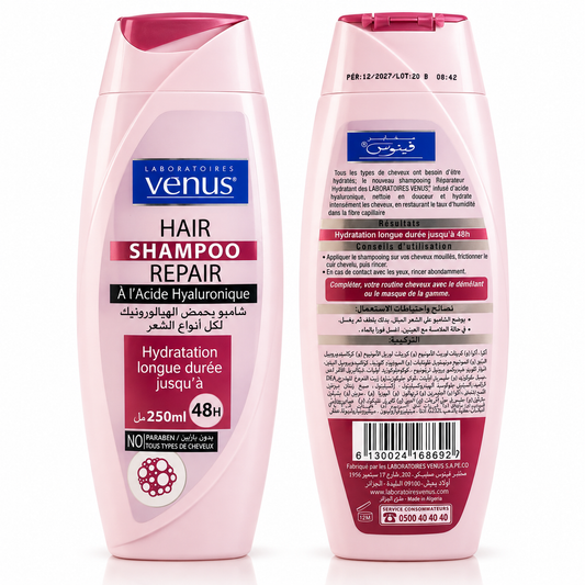 Shampoing réparateur Venus à l’acide hyaluronique 250 ml, vues avant et arrière sur fond blanc, hydratation jusqu’à 48h pour tous types de cheveux
