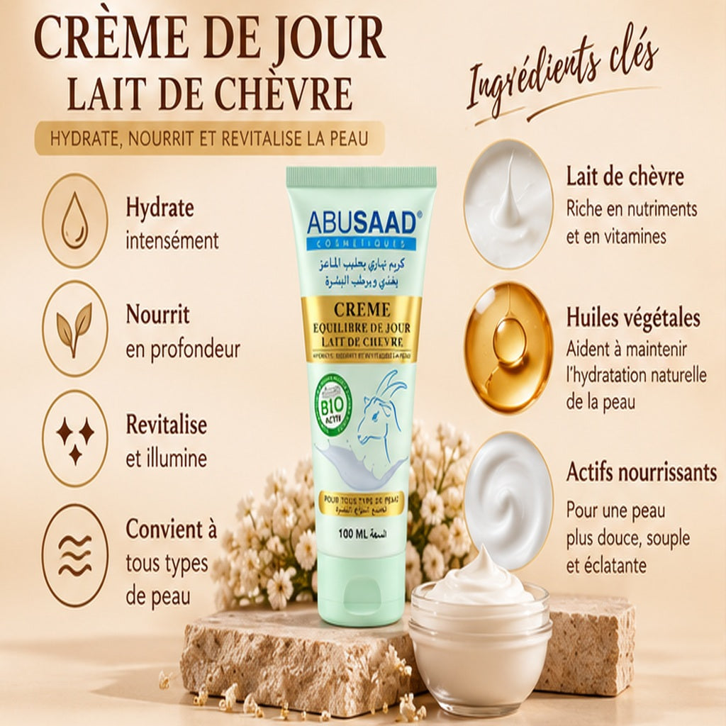 Crème de jour ABUSAAD au lait de chèvre : bienfaits et ingrédients