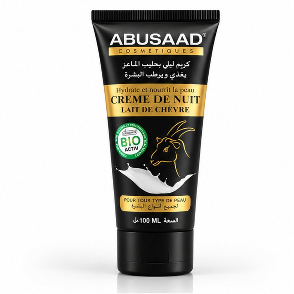 Packshot crème de nuit ABUSAAD au lait de chèvre 100 ml sur fond blanc