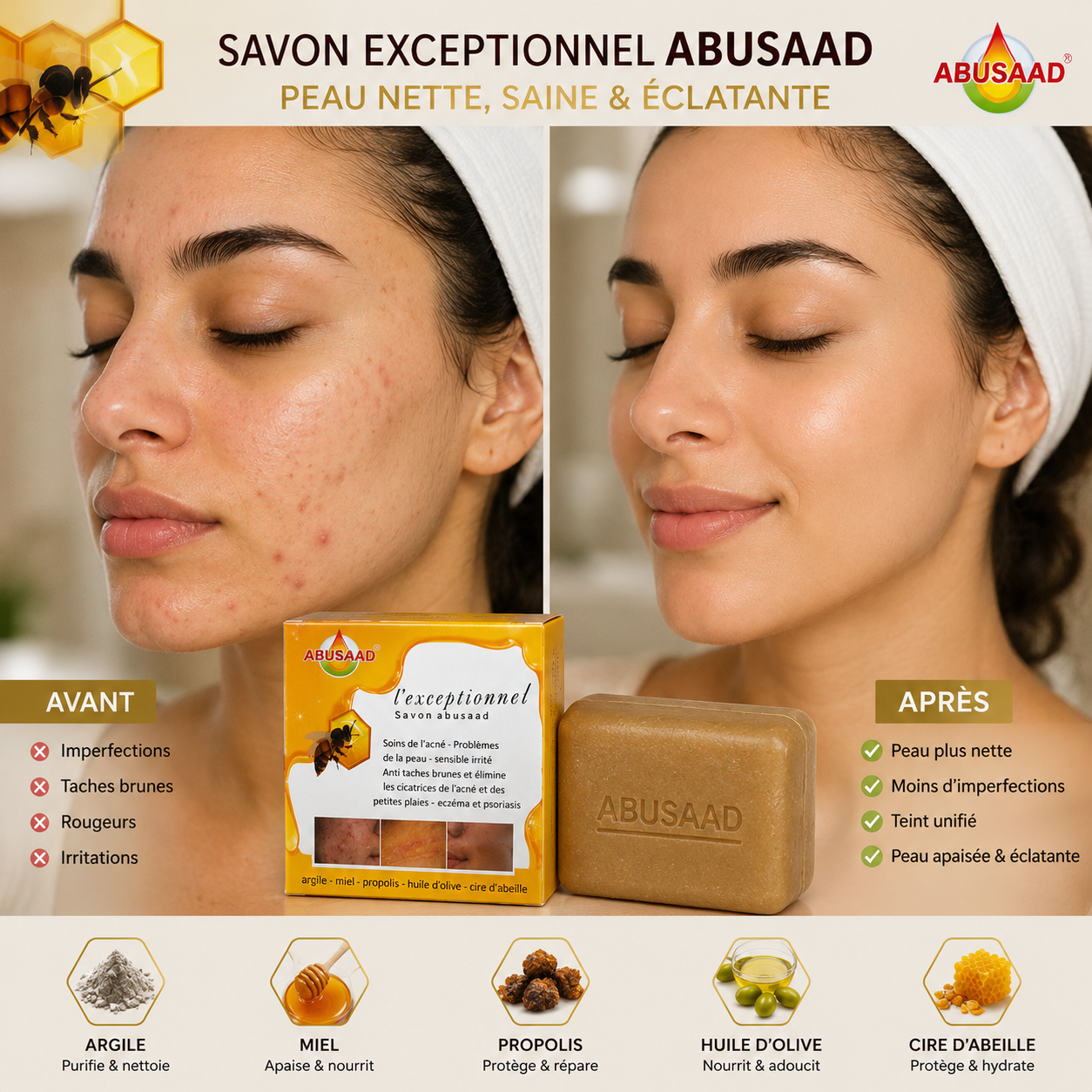 Savon visage l'exceptionnel Abusaad contre l'acné, les taches et les imperfections