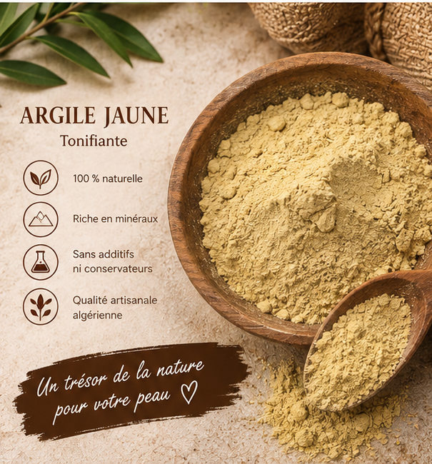 Poudre d'argile jaune Namira dans un bol en bois ambiance naturelle