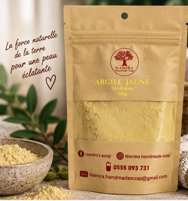Argile Jaune Tonifiante Namira 150 g sachet kraft et argile sur fond beige