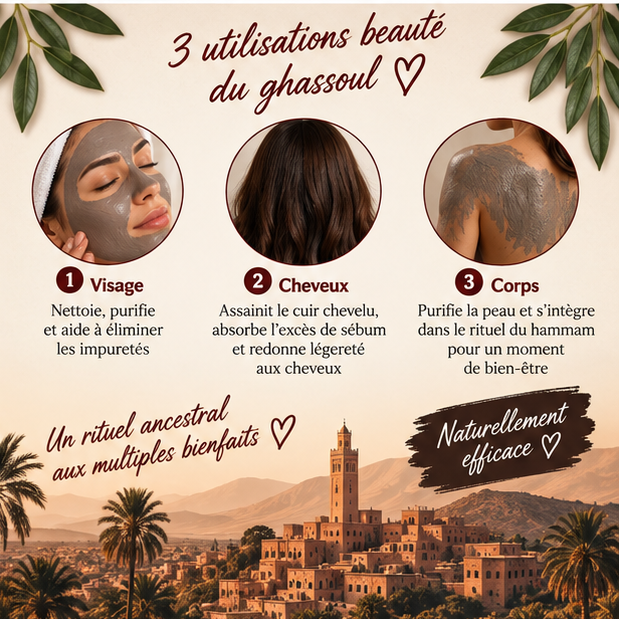 Utilisations de l'argile noire Ghassoul Namira pour visage cheveux et corps