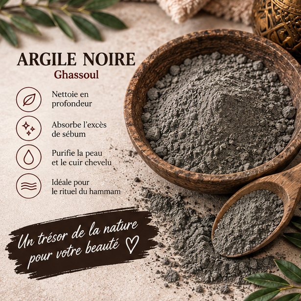 Argile noire Ghassoul Namira en poudre dans un bol en bois