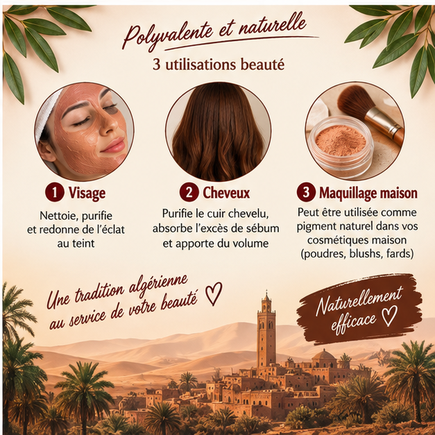 Utilisations de l'argile rouge Namira : visage, cheveux et maquillage maison