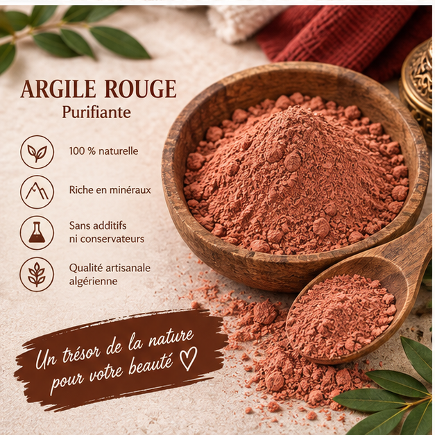 Argile rouge Namira en poudre dans un bol en bois