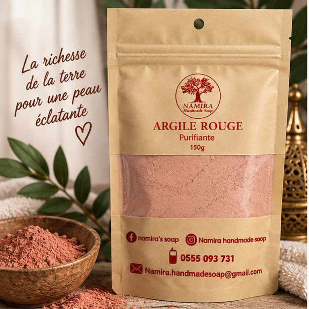 Argile rouge purifiante Namira 150 g, sachet kraft et poudre