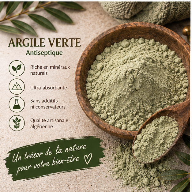 Argile verte Namira en poudre dans un bol en bois