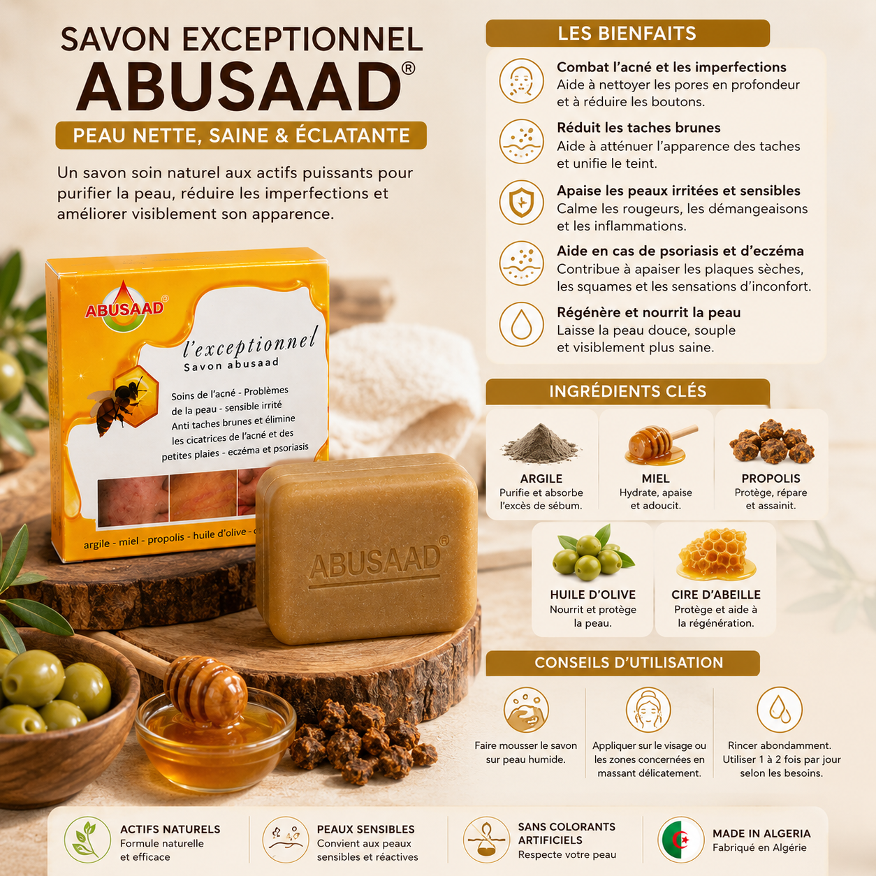 Savon visage l'exceptionnel Abusaad contre l'acné, les taches et les imperfections