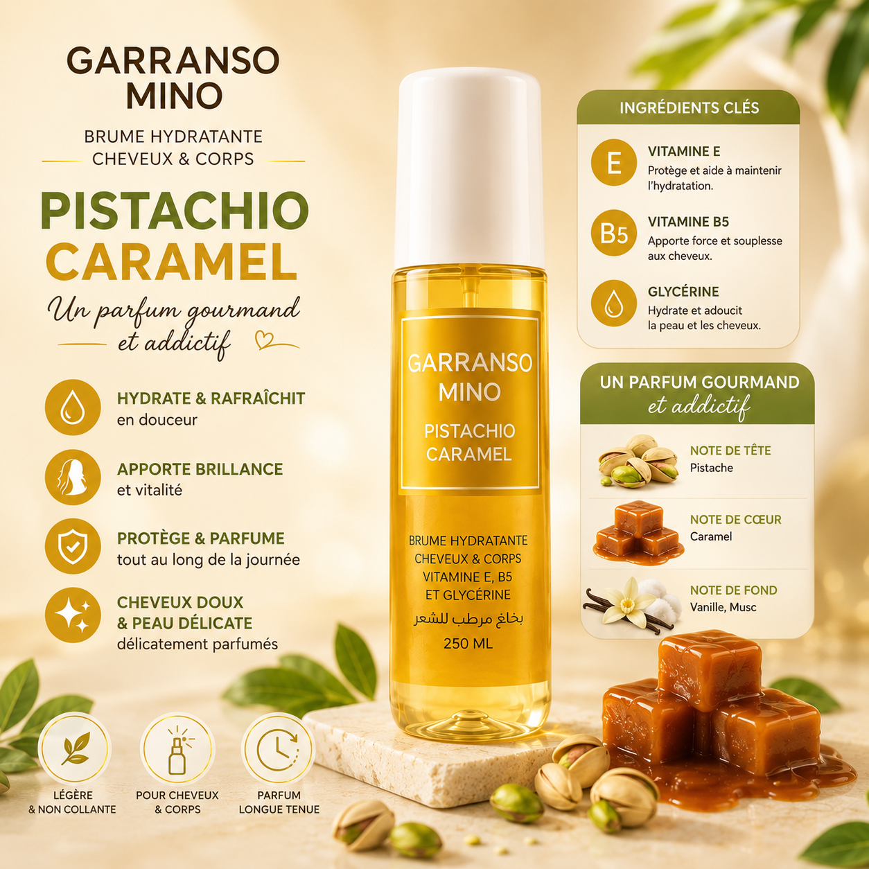 Brume hydratante Pistachio Caramel Garranso Mino parfum gourmand