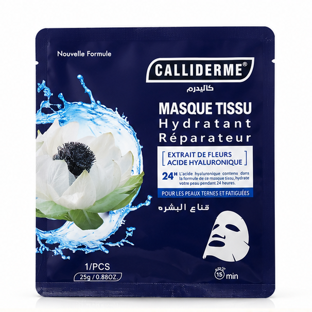 Masque tissu Calliderme hydratant réparateur aux extraits de fleurs et acide hyaluronique, sachet bleu sur fond blanc