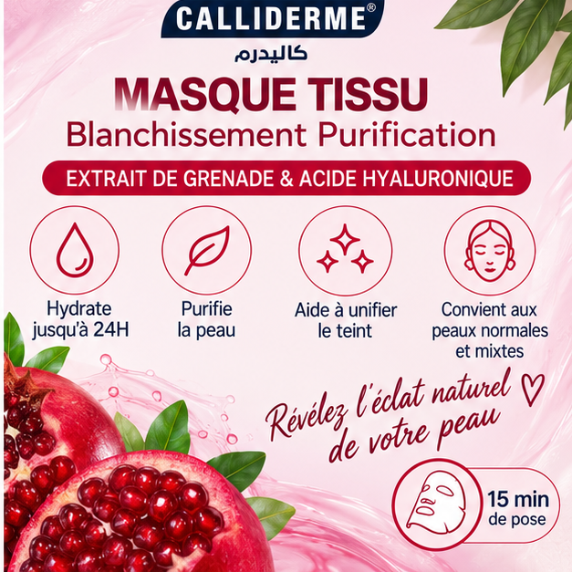 Bienfaits du masque tissu Calliderme grenade : hydratation 24 h, éclat et purification