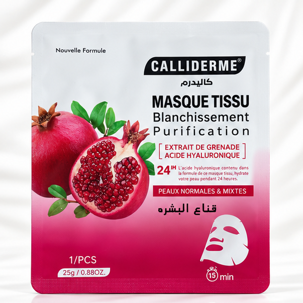 Masque tissu Calliderme grenade acide hyaluronique 25 g, sachet rose sur fond blanc