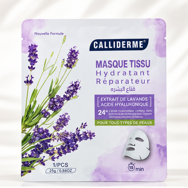 Masque tissu Calliderme lavande et acide hyaluronique 25 g sur fond blanc