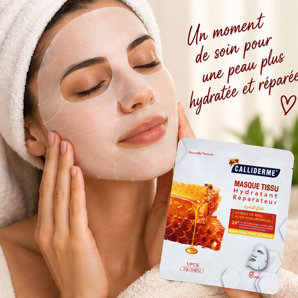 Femme portant un masque tissu et présentation du masque Calliderme au miel