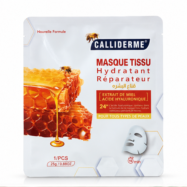 Masque tissu Calliderme hydratant réparateur au miel et acide hyaluronique 25 g, sachet blanc