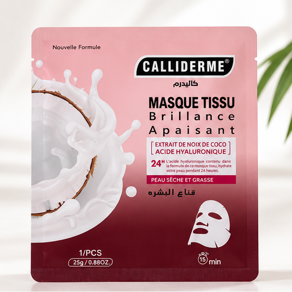 Masque tissu Calliderme noix de coco et acide hyaluronique 25 g, sachet rose sur fond blanc