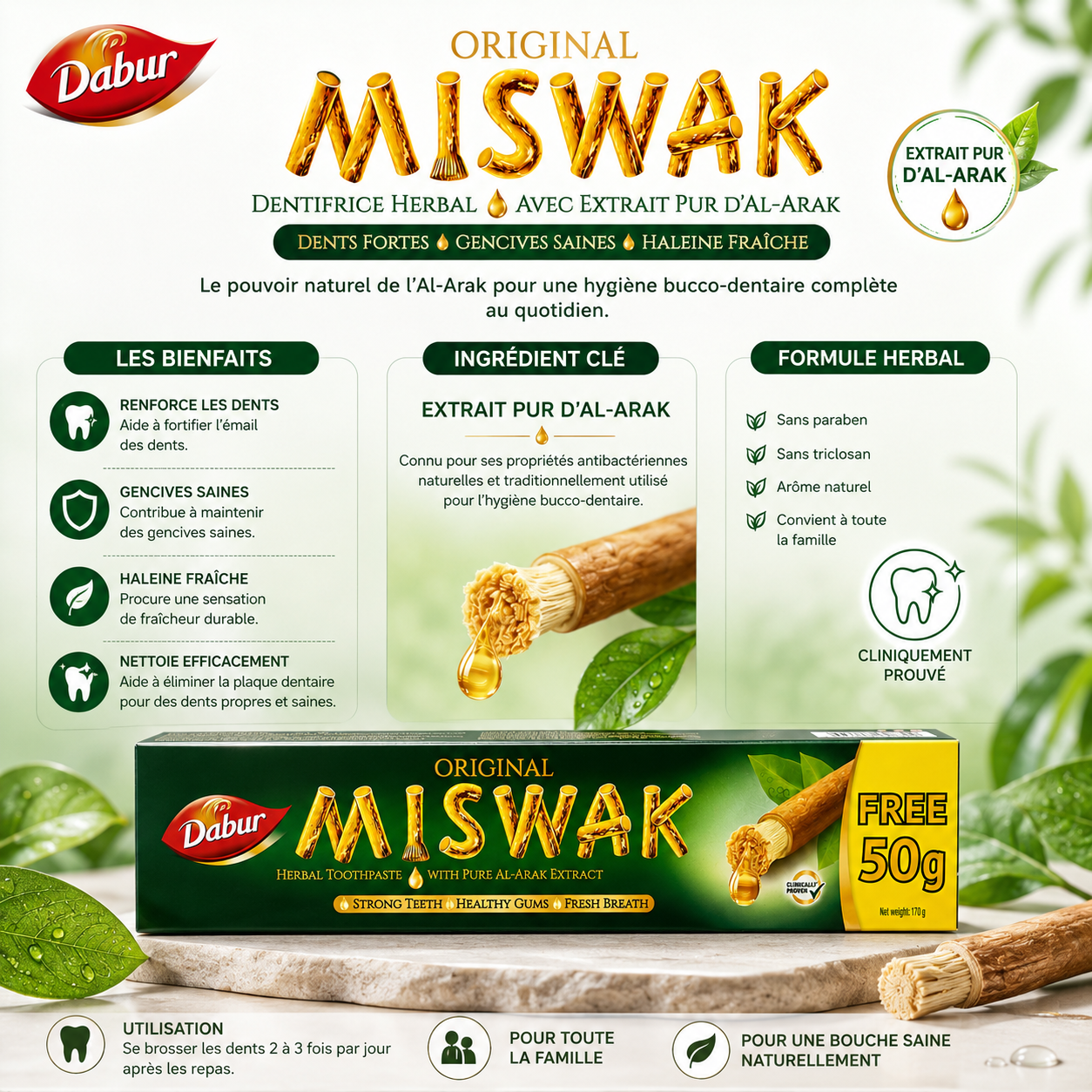 Dentifrice Dabur Miswak à base de miswak pour une hygiène bucco-dentaire naturelle
