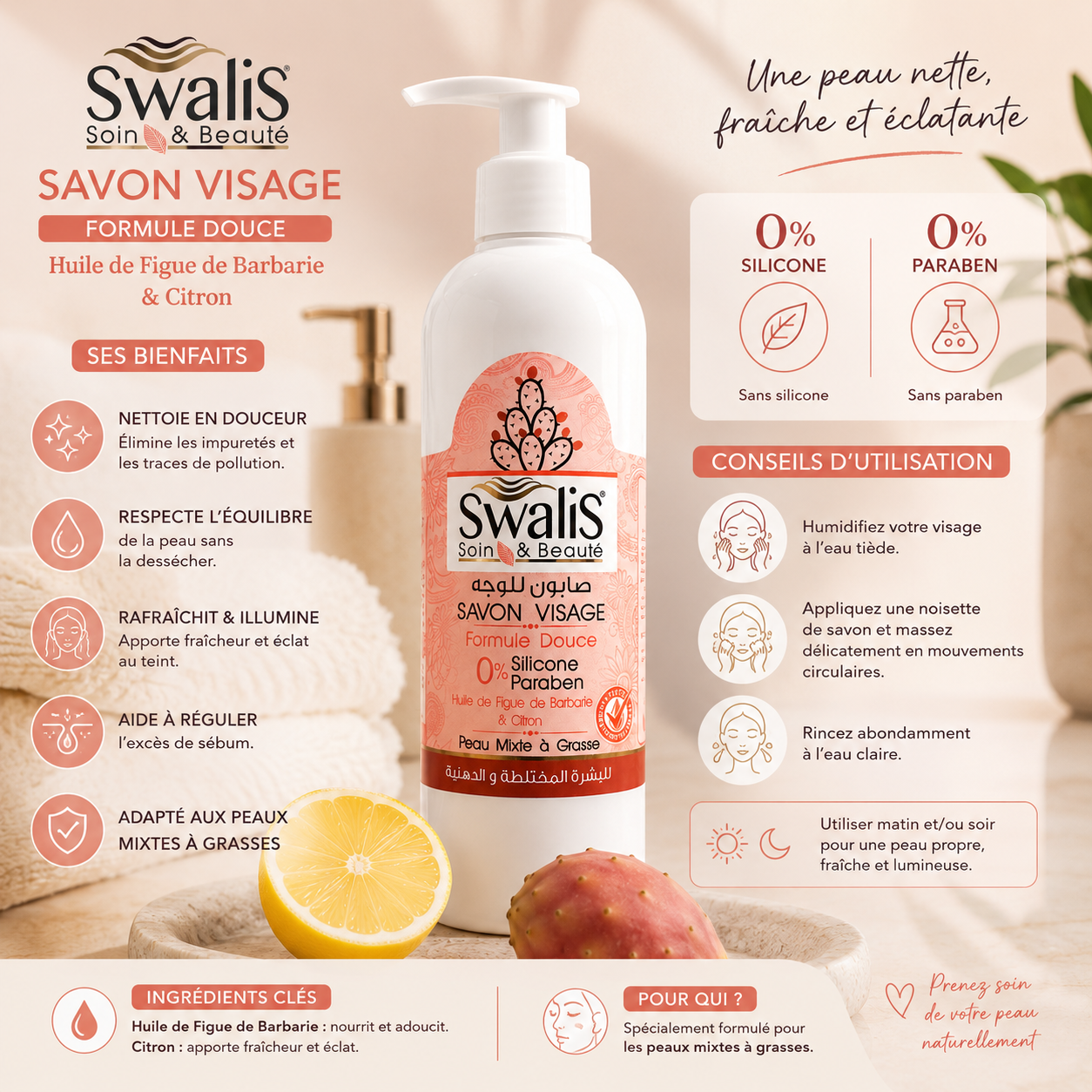 Savon visage Swalis pour peaux mixte à grasse à la figue de barbarie et au citron
