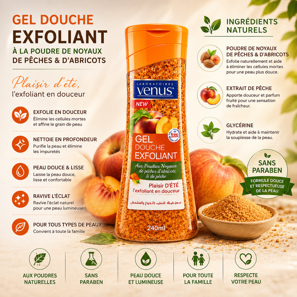 Gel douche exfoliant Vénus pêche et abricot pour une peau douce