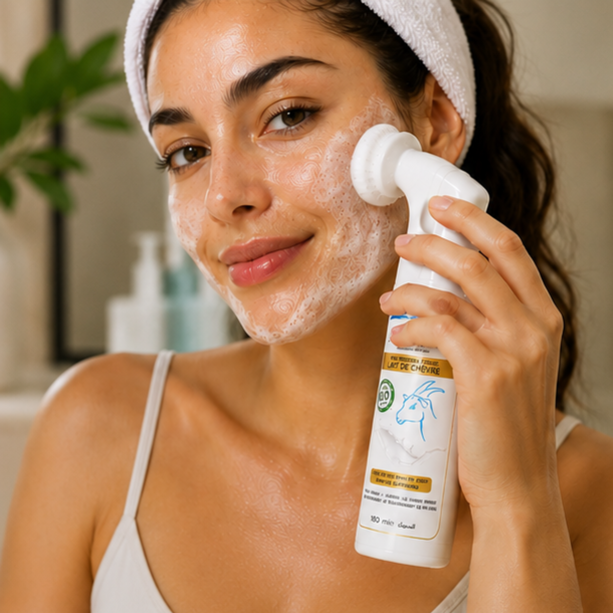 Gel nettoyant visage ABUSAAD au lait de chèvre BIO avec sa brosse nettoyante