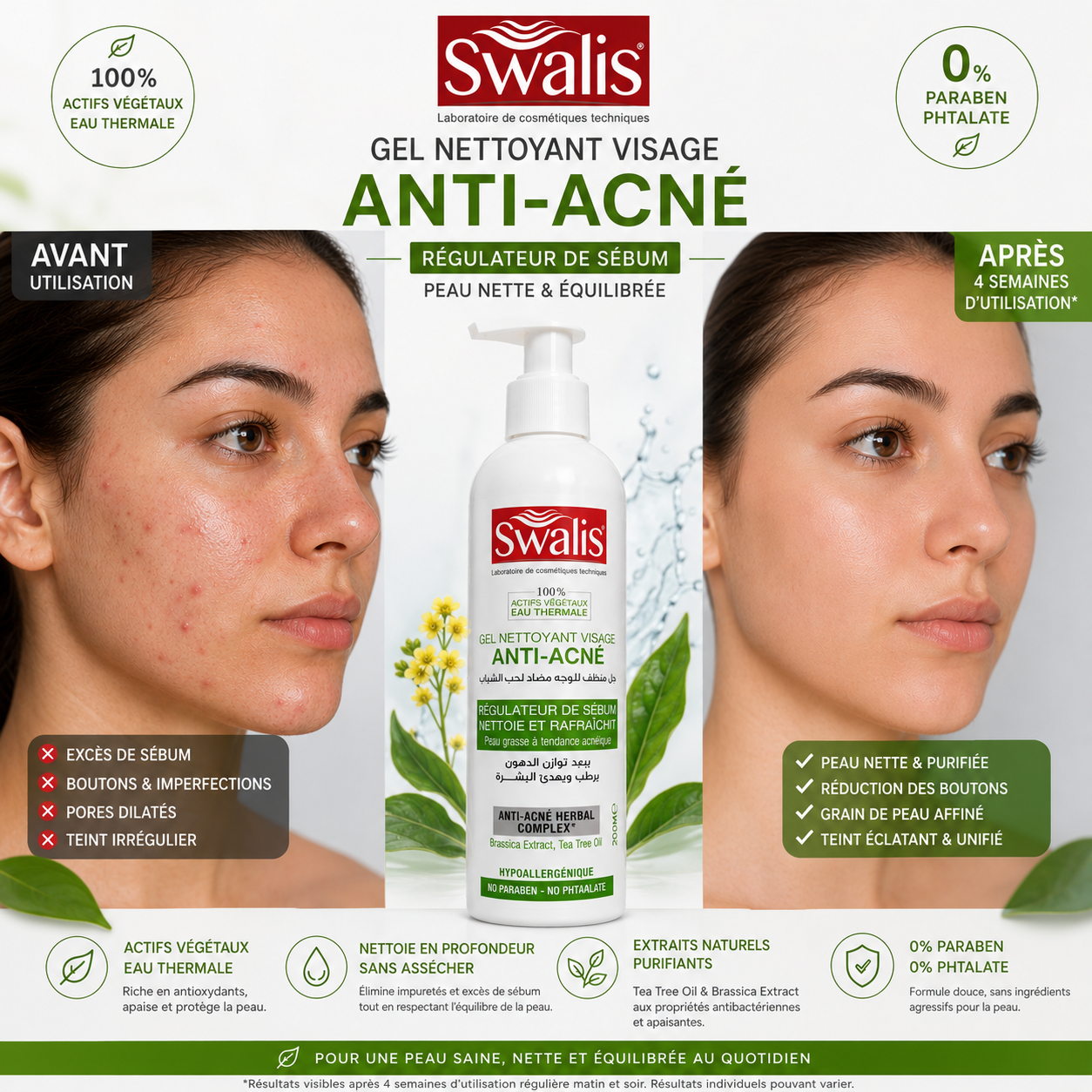Gel nettoyant visage Swalis au tea tree contre les imperfections