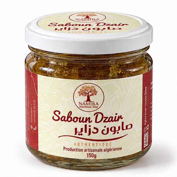 Pot de savon noir Saboun Dzair Namira 150 g, étiquette sur fond blanc