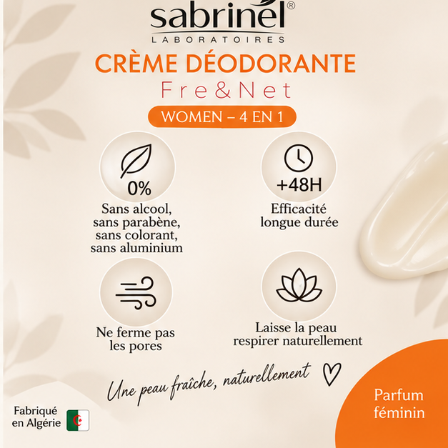 Bienfaits du déodorant crème Sabrinel Women : sans aluminium, alcool, parabène ni colorant, 48 heures
