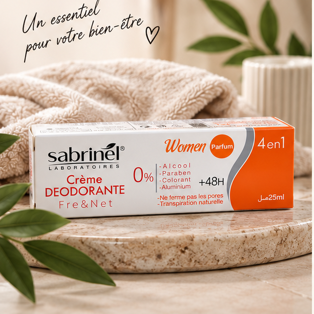 Crème déodorante Sabrinel Women en boîte dans une salle de bain beige