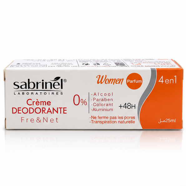 Boîte crème déodorante Sabrinel Fre & Net Women 25 ml sur fond blanc
