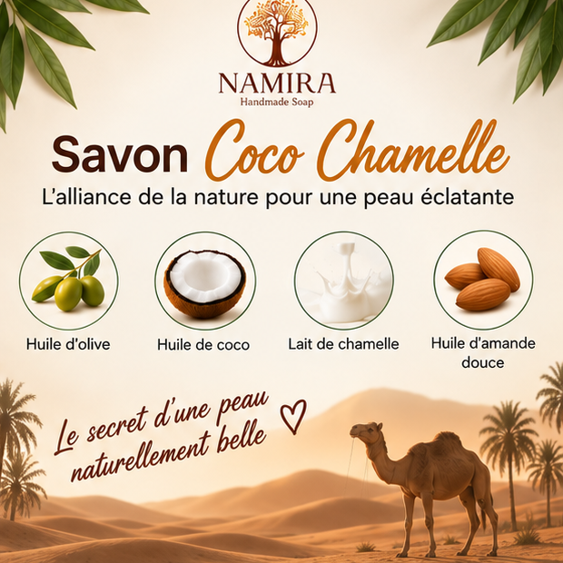 Composition du savon Coco Chamelle Namira : lait de chamelle, coco, olive et amande douce