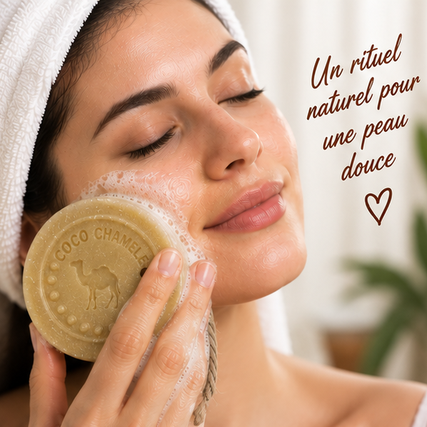 Femme utilisant le savon artisanal Coco Chamelle Namira sur le visage