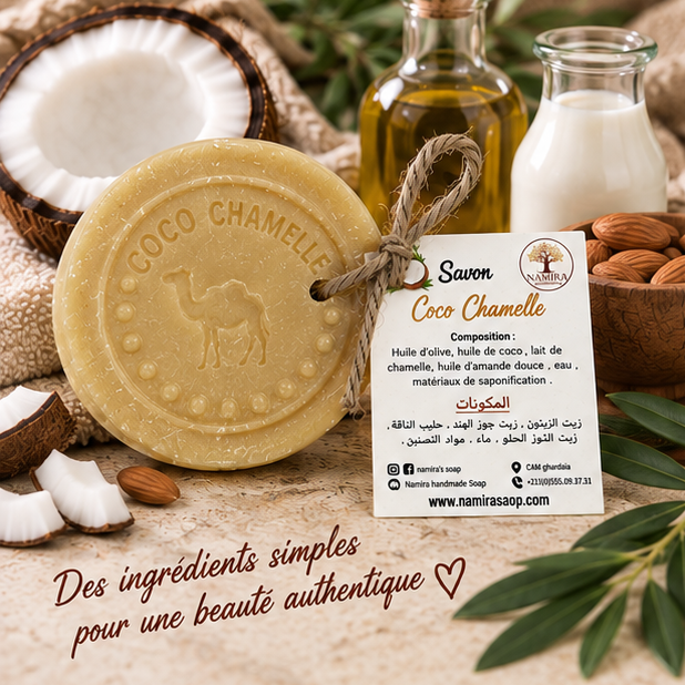 Savon Coco Chamelle Namira en ambiance naturelle avec noix de coco et lait de chamelle