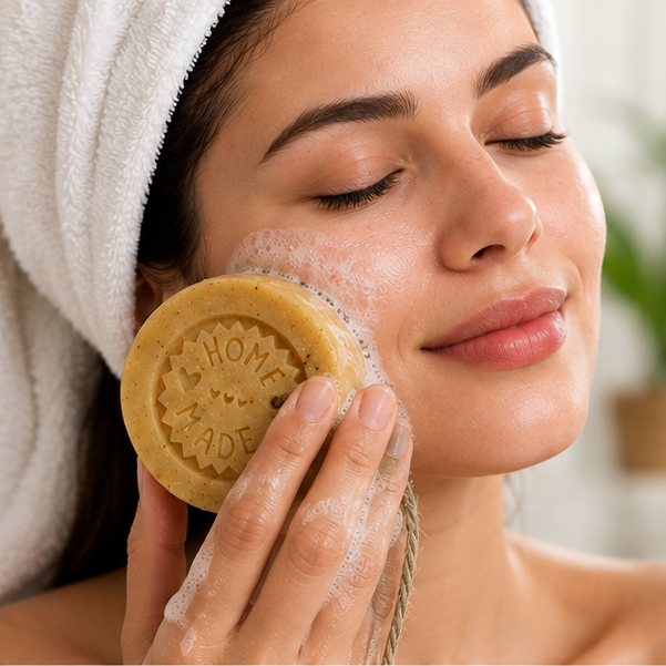 Femme appliquant le savon Curcarotte Namira sur sa joue