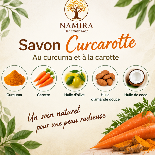 Ingrédients du savon Curcarotte Namira : curcuma, carotte, huile d'olive, huile d'amande douce et huile de coco