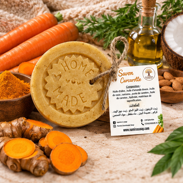 Savon artisanal Curcarotte Namira dans une ambiance naturelle avec carotte et curcuma