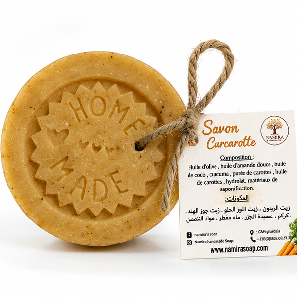 Savon artisanal Curcarotte Namira au curcuma et carotte avec étiquette, sur fond blanc