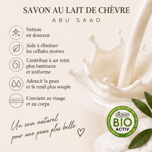 Bienfaits du savon au lait de chèvre Abu Saad : nettoyage doux, éclat et douceur